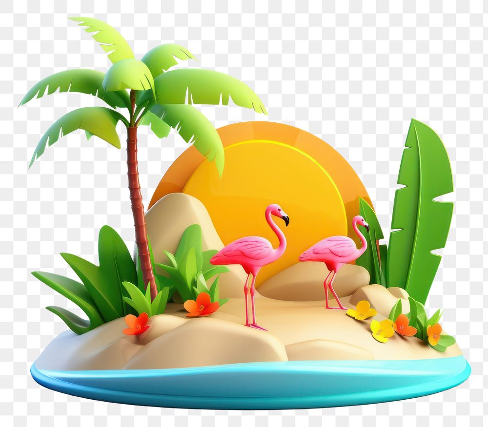 PNG Summer scene flamingo cartoon plant. 