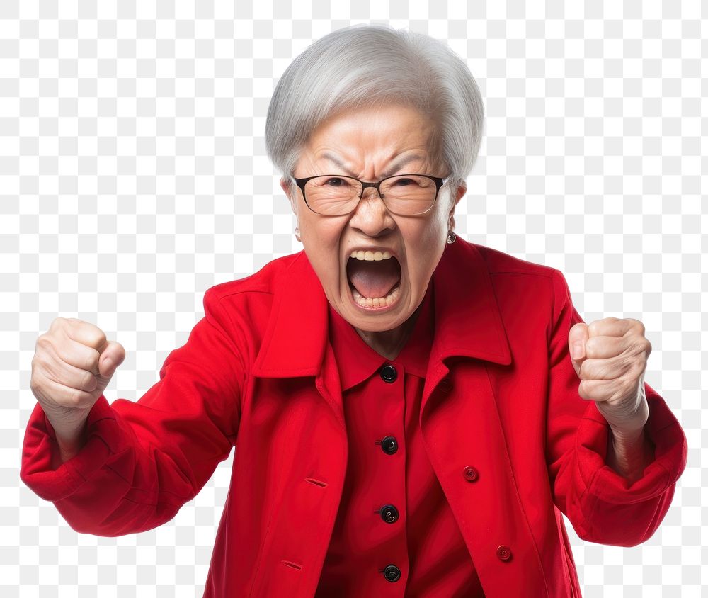 PNG Angry asian senior woman shouting adult white background. AI generated Image by rawpixel.