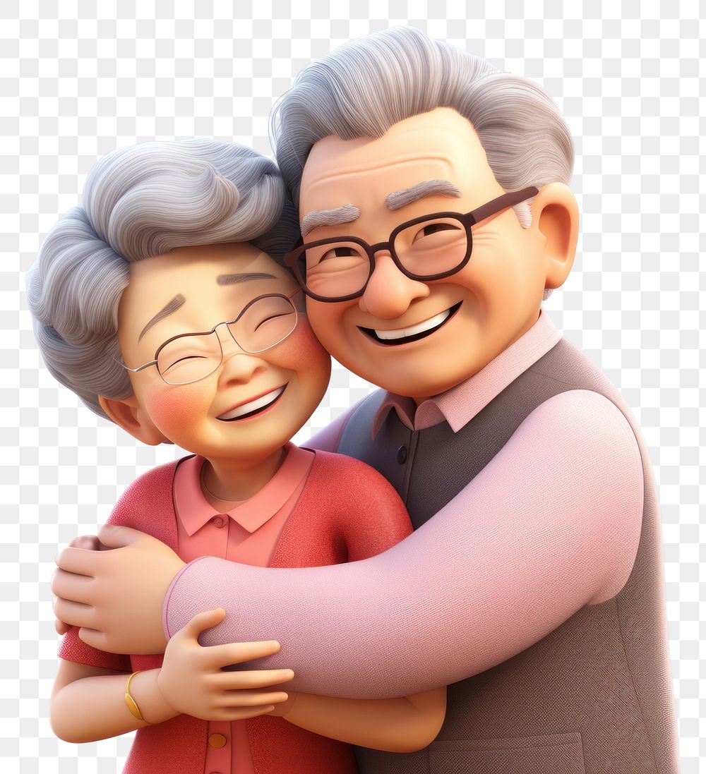 PNG Senior asian couple hugging portrait glasses cartoon. AI generated Image by rawpixel.