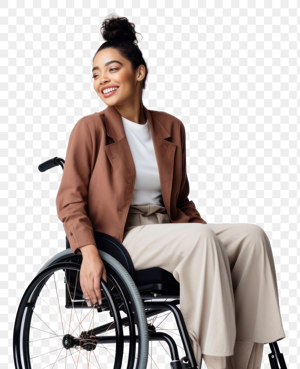 PNG A disabled woman wheelchair sitting smiling. AI generated Image by rawpixel.