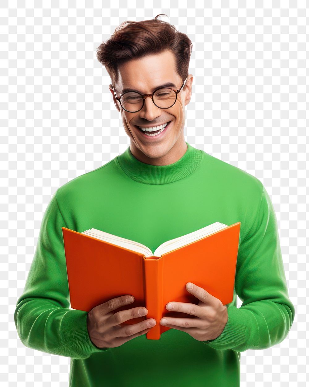 PNG Man hold read orange textbook beaming shiny smile enjoy wear spectacles green pullover portrait sweater reading. AI…