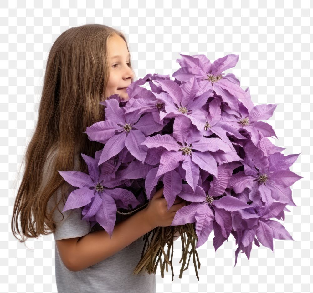PNG Girl holding clematis white background hairstyle freshness. AI generated Image by rawpixel.