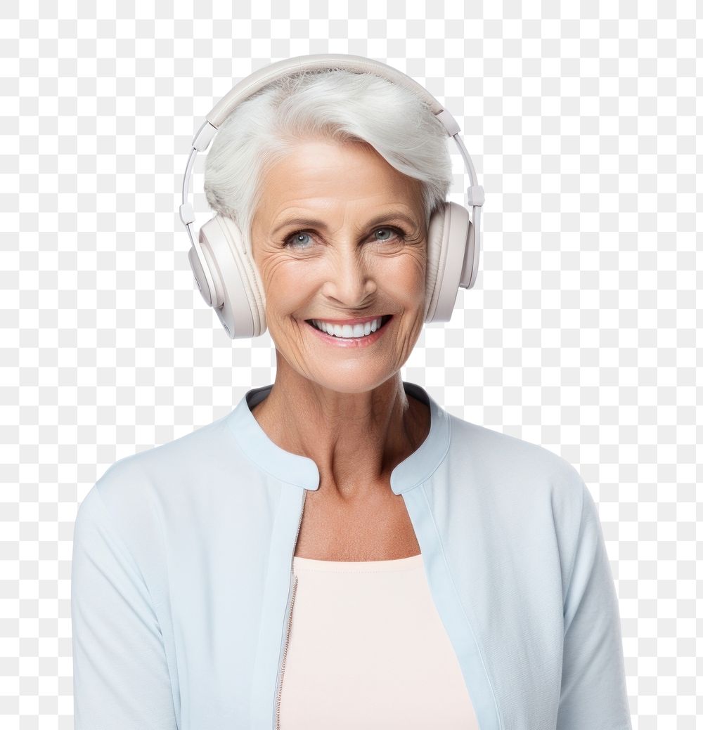 PNG Senior woman headphones portrait headset. AI generated Image by rawpixel.