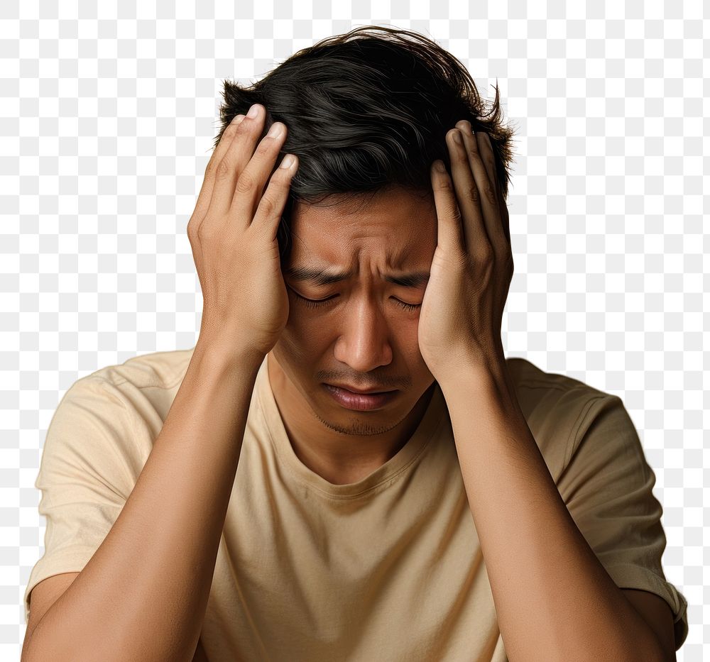 PNG Asian man distressed worried adult pain. 