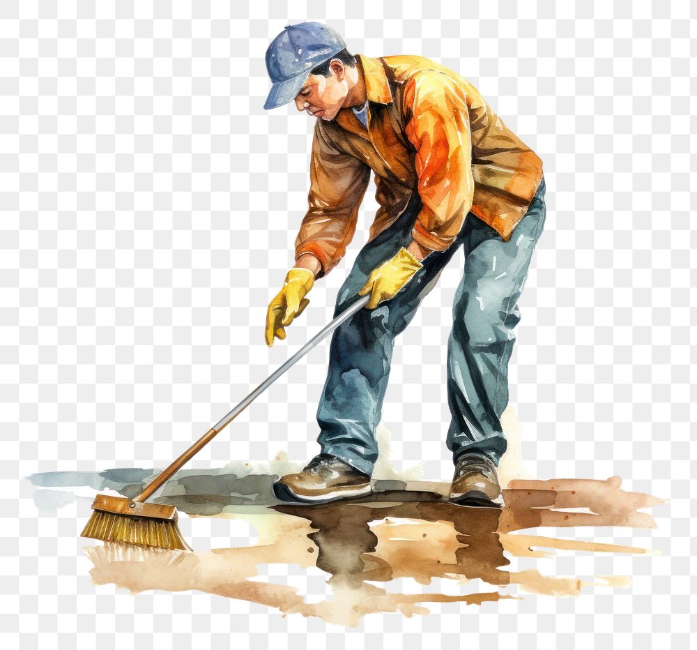 PNG Watercolor man mopping floor cleaning adult tool. AI generated Image by rawpixel.