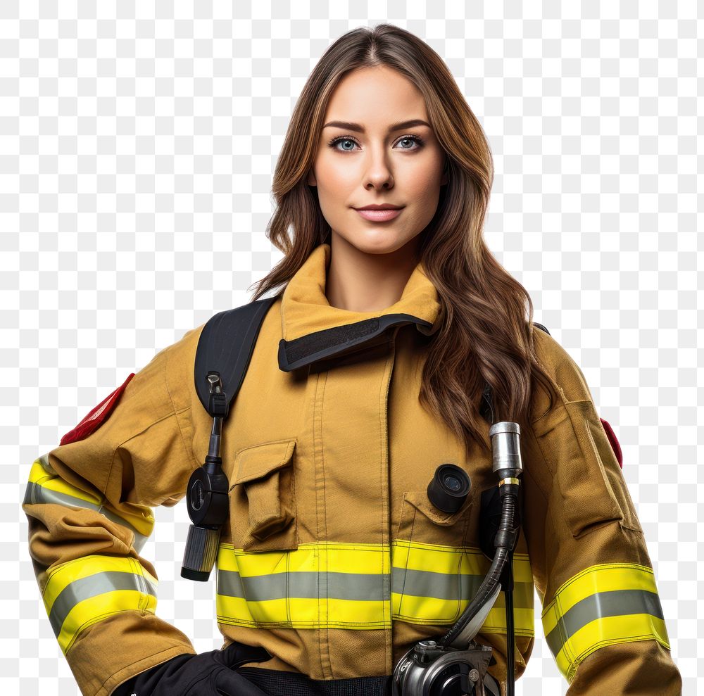 PNG Firefighter adult woman white background. AI generated Image by rawpixel.