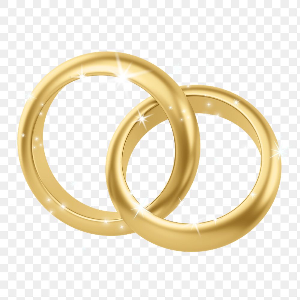 Gold wedding rings png, 3D sparkly jewelry illustration, transparent background