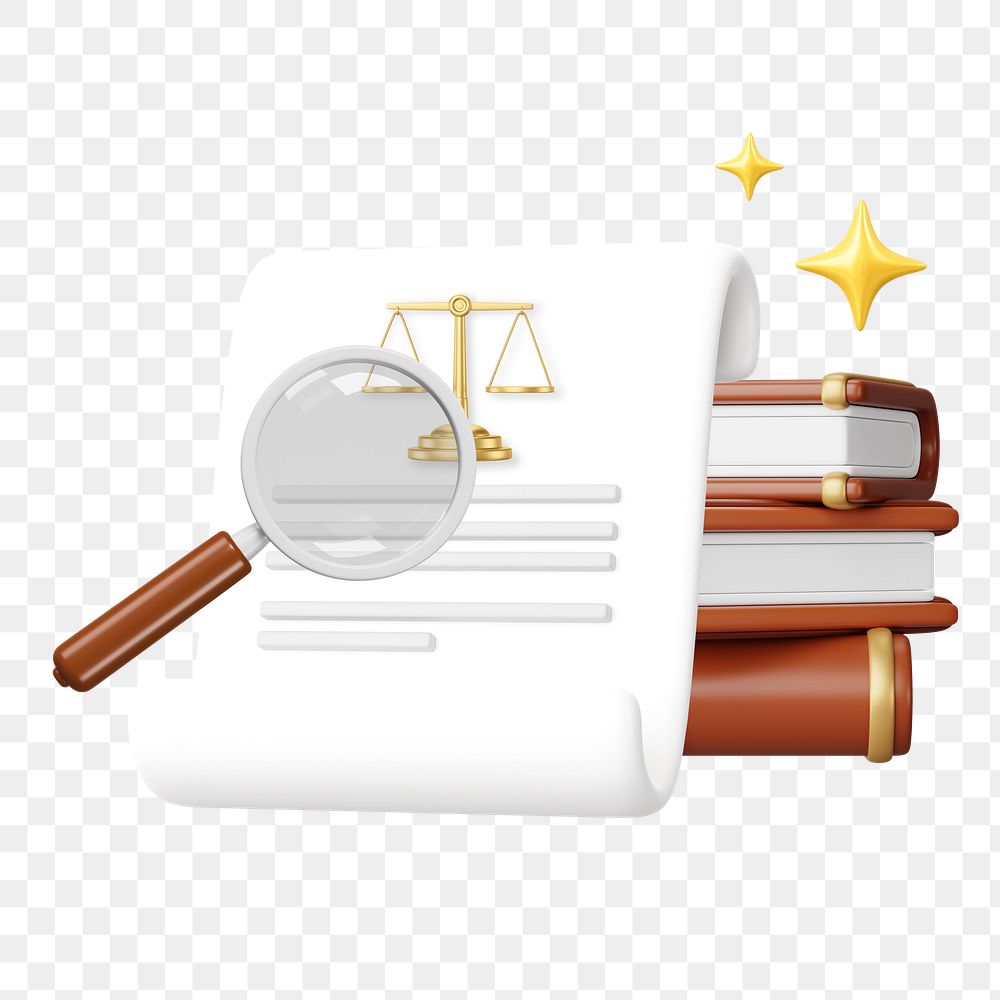 Court subpoena png, magnifying glass & parchment, 3D law remix, transparent background