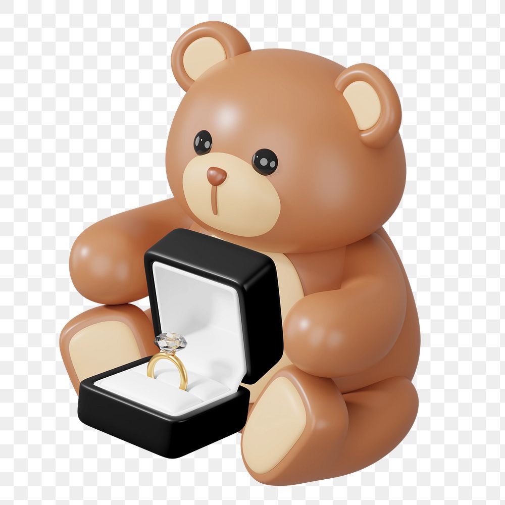 Teddy bear png engagement ring, 3D wedding remix, transparent background