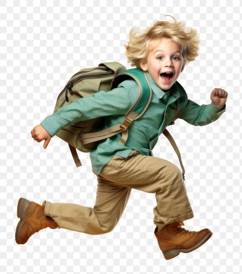 PNG Jumping backpack portrait child. AI generated Image by rawpixel.