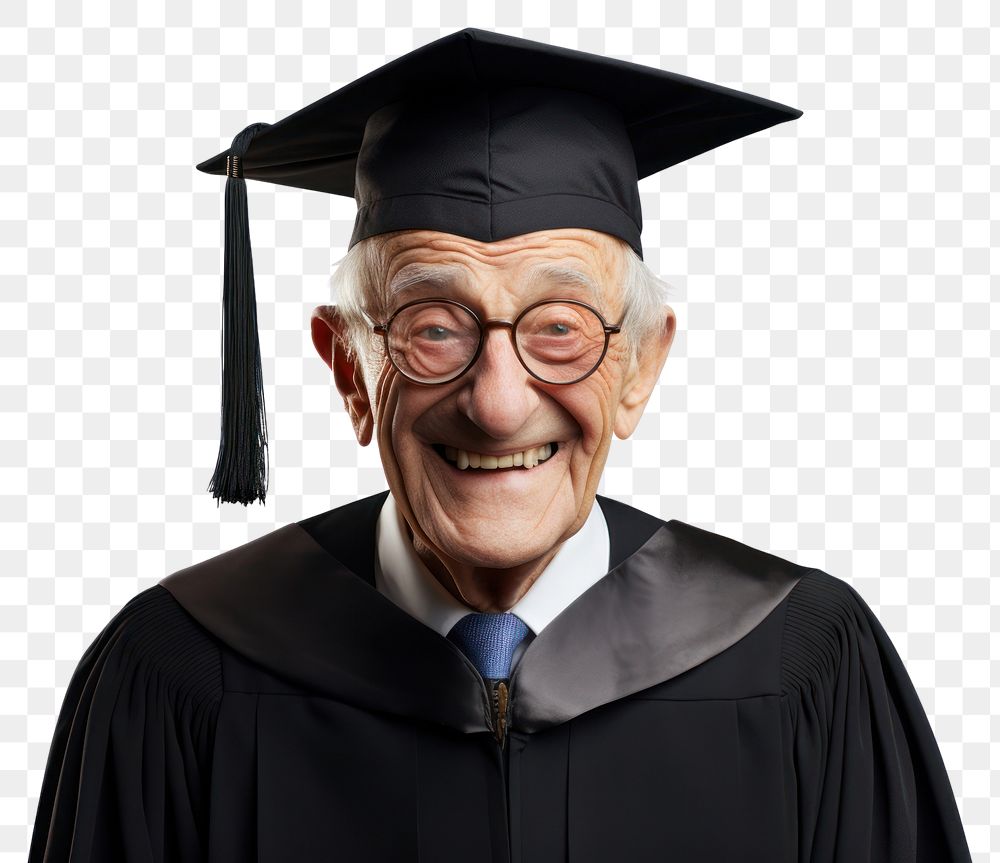 PNG Happy old man wearing graduation gown ad hat portrait adult smile. AI generated Image by rawpixel.
