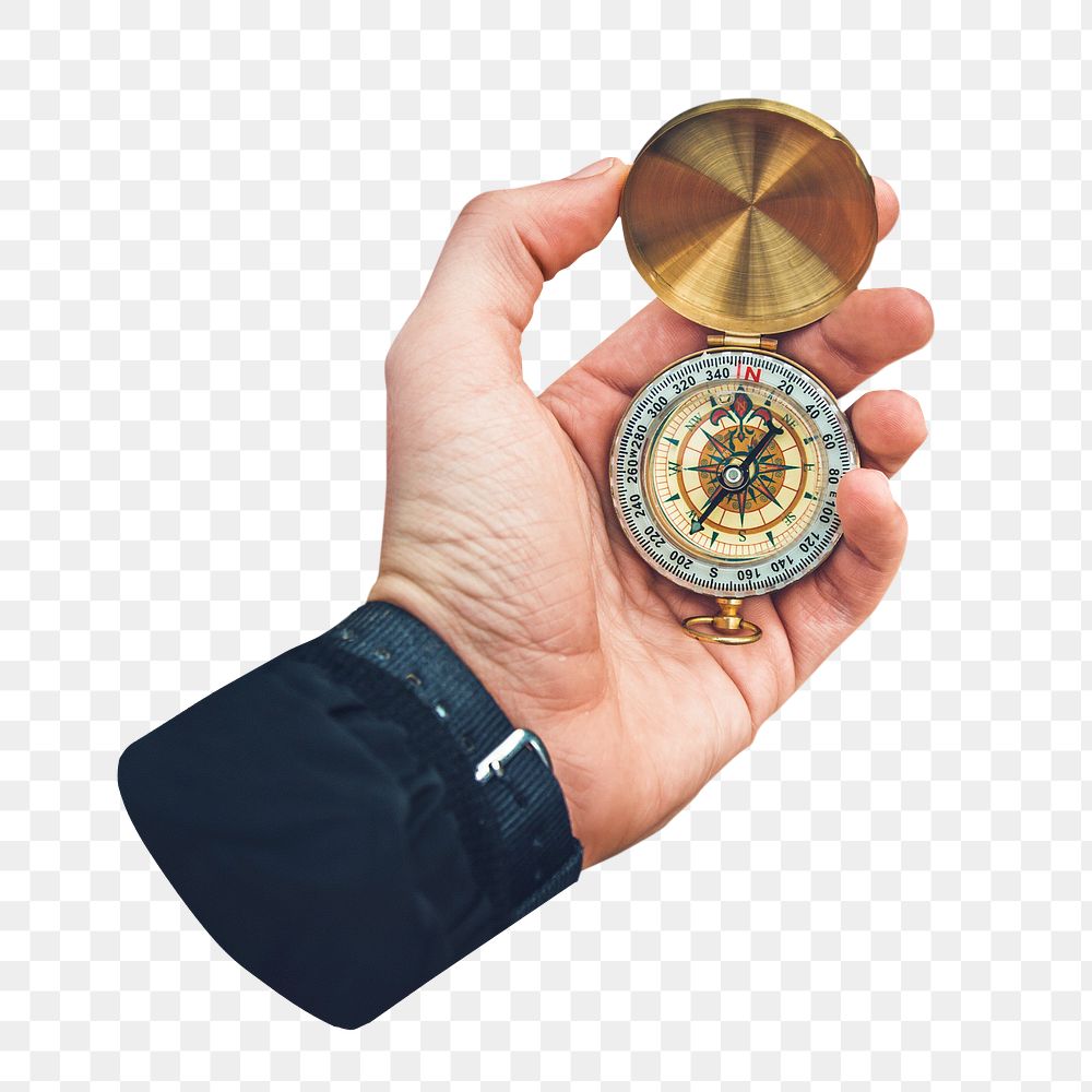 Hand holding compass png, transparent background