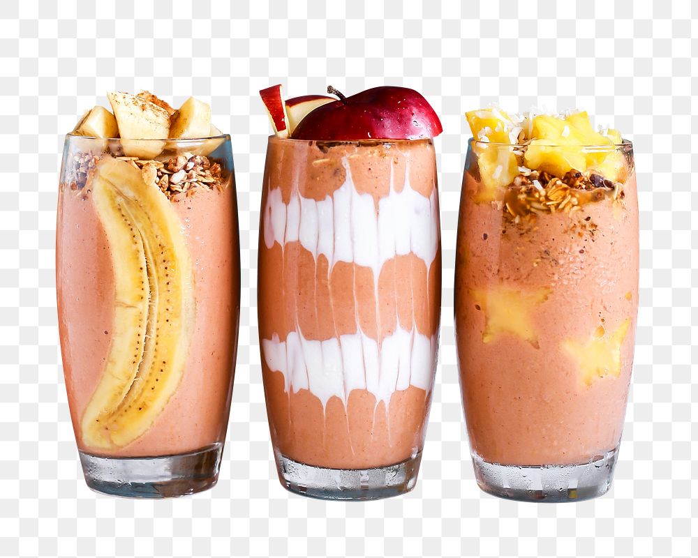 Png peach smoothies with fruits sticker, transparent background