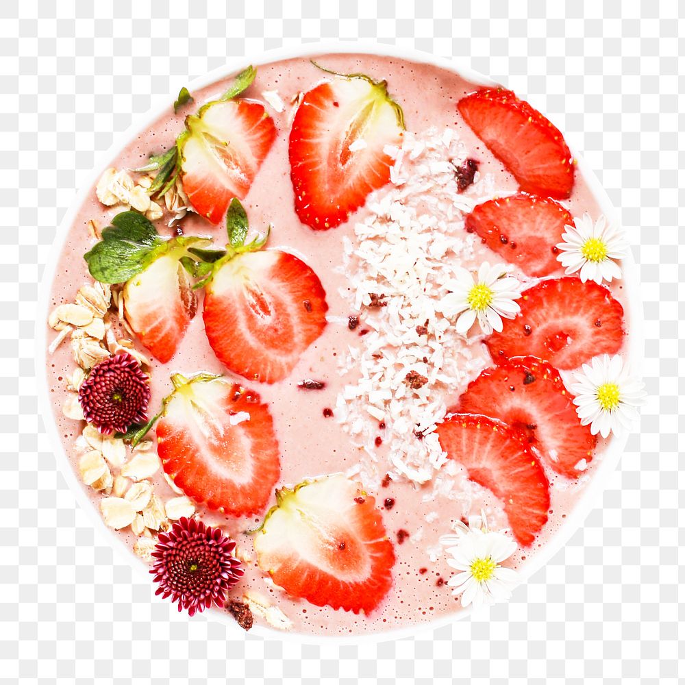 Strawberry smoothie bowl png, transparent background