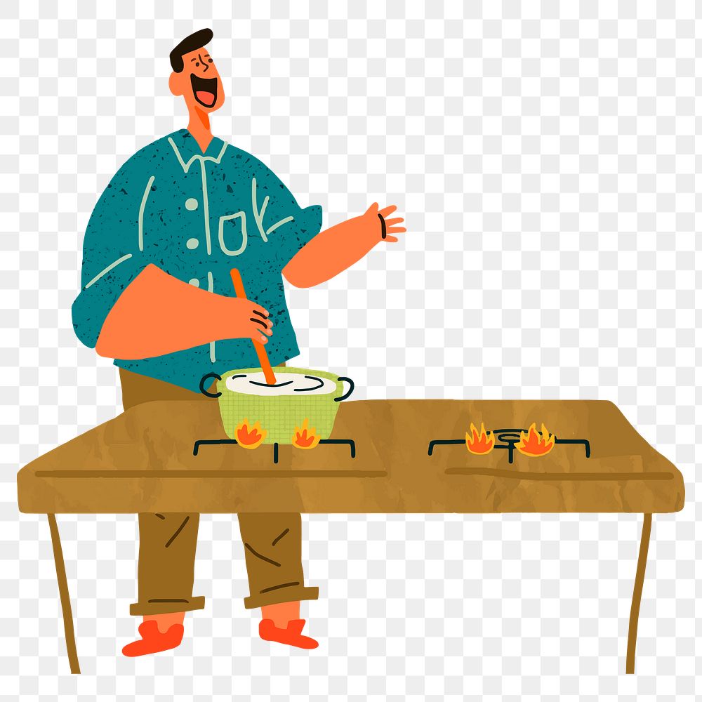 Png smiling man cooking illustration, transparent background