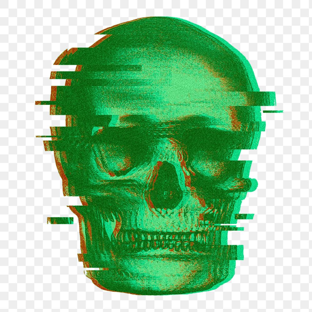 Glitching human skull png, green design, transparent background