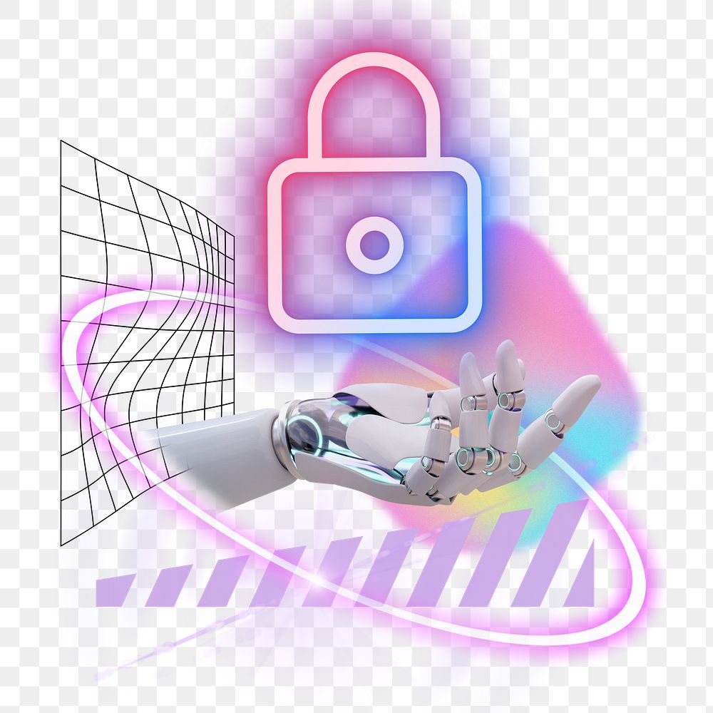 Privacy technology png remix, robot hand presenting lock, transparent background