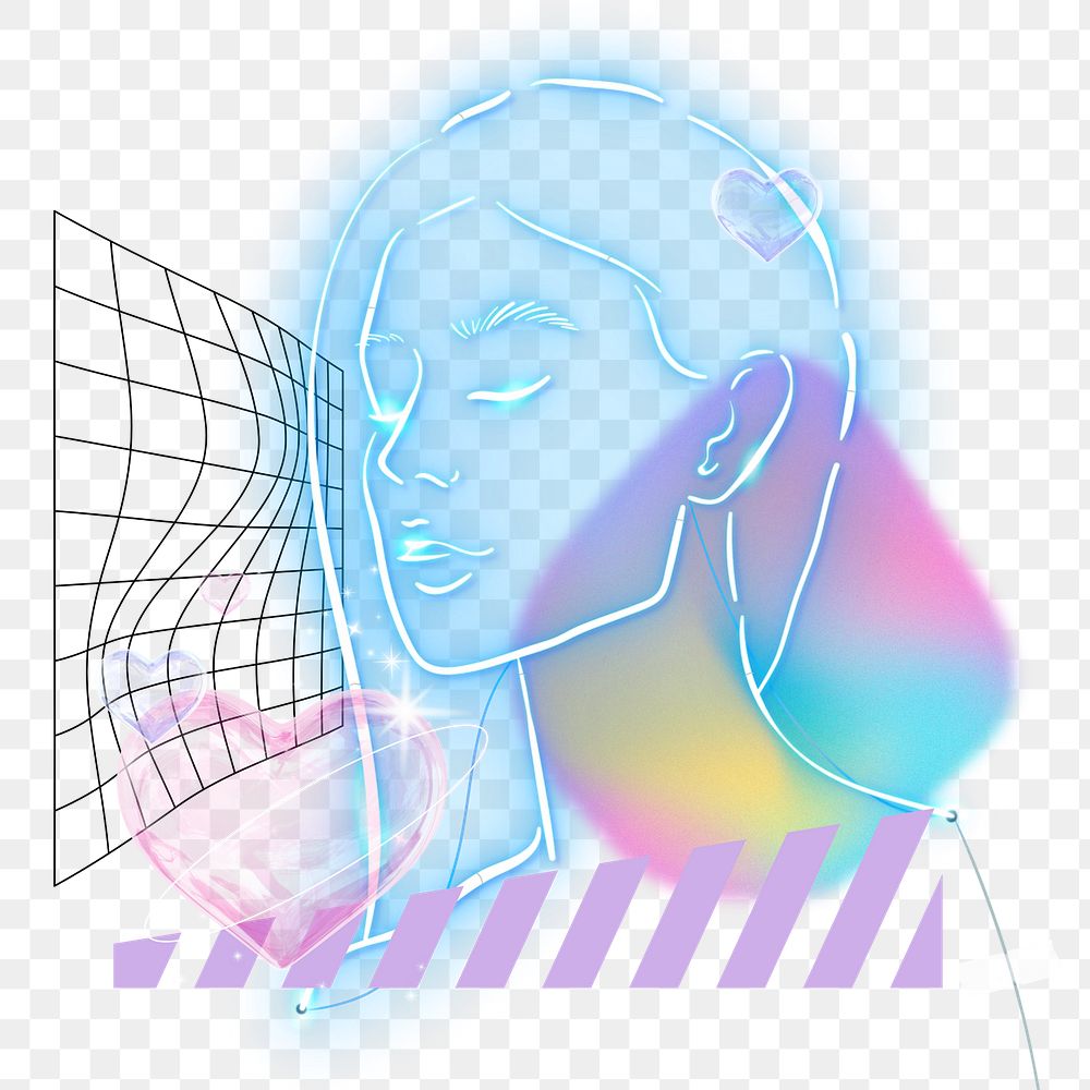 Women's self-love png remix, neon portrait illustration, transparent background