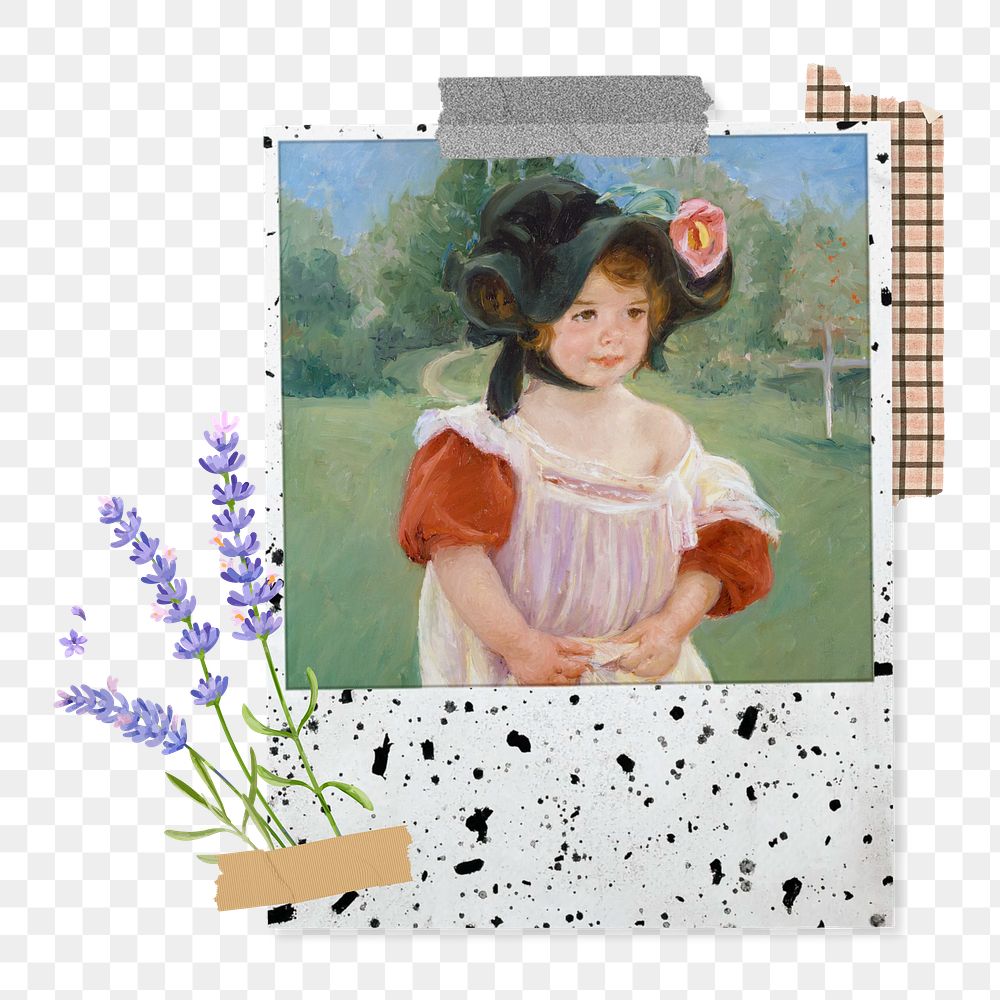 Png Margot Standing in a Garden sticker, Mary Cassatt's artwork in instant film transparent background. Remixed by rawpixel.