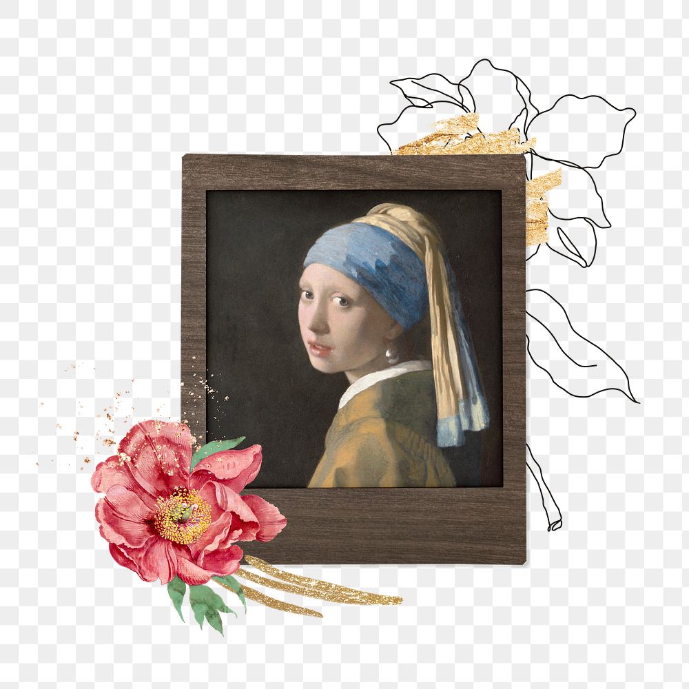 Png Girl with a Pearl Earring sticker, Johannes Vermeer's artwork in instant film transparent background. Remixed by…