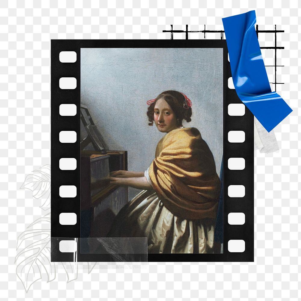 Png Johannes Vermeer&rsquo;s A Young Woman Seated at the Virginals sticker in film frame. Remixed by rawpixel.