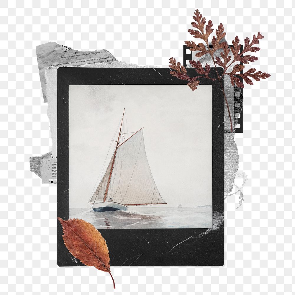 Sailing off Gloucester  png sticker, instant film transparent background. Remixed by rawpixel.