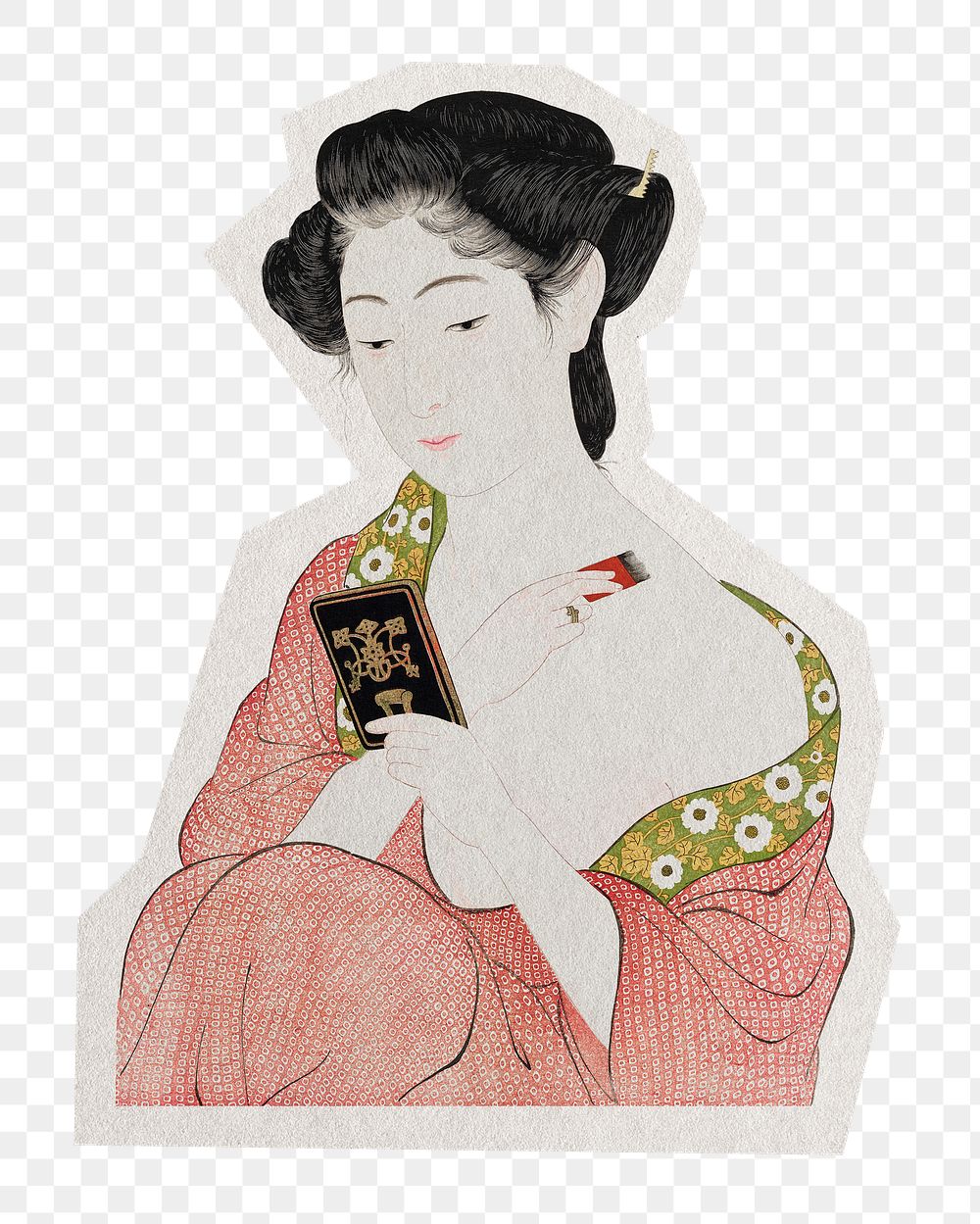 Japanese woman applying powder png sticker, transparent background, remixed by rawpixel.