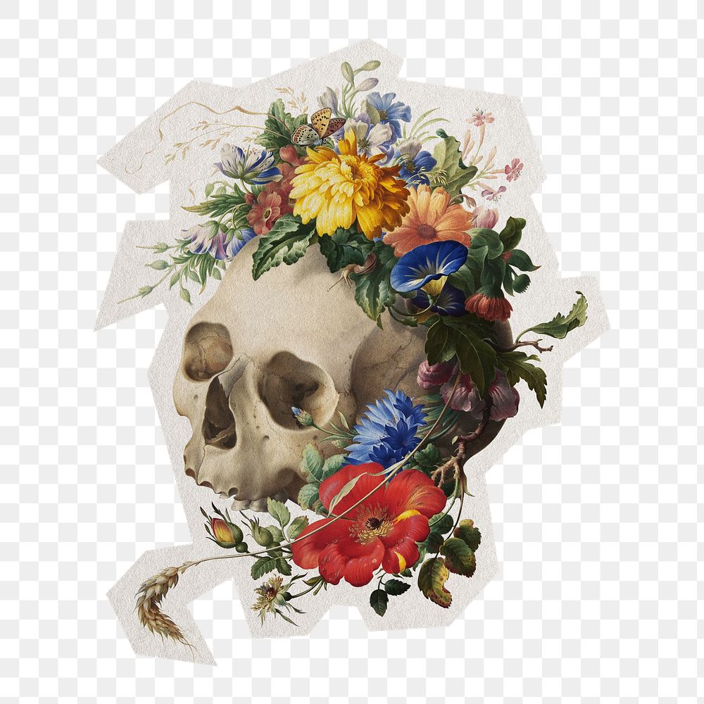 Vanitas floral skull png sticker, illustration by Herman Henstenburgh on transparent background, remixed by rawpixel.
