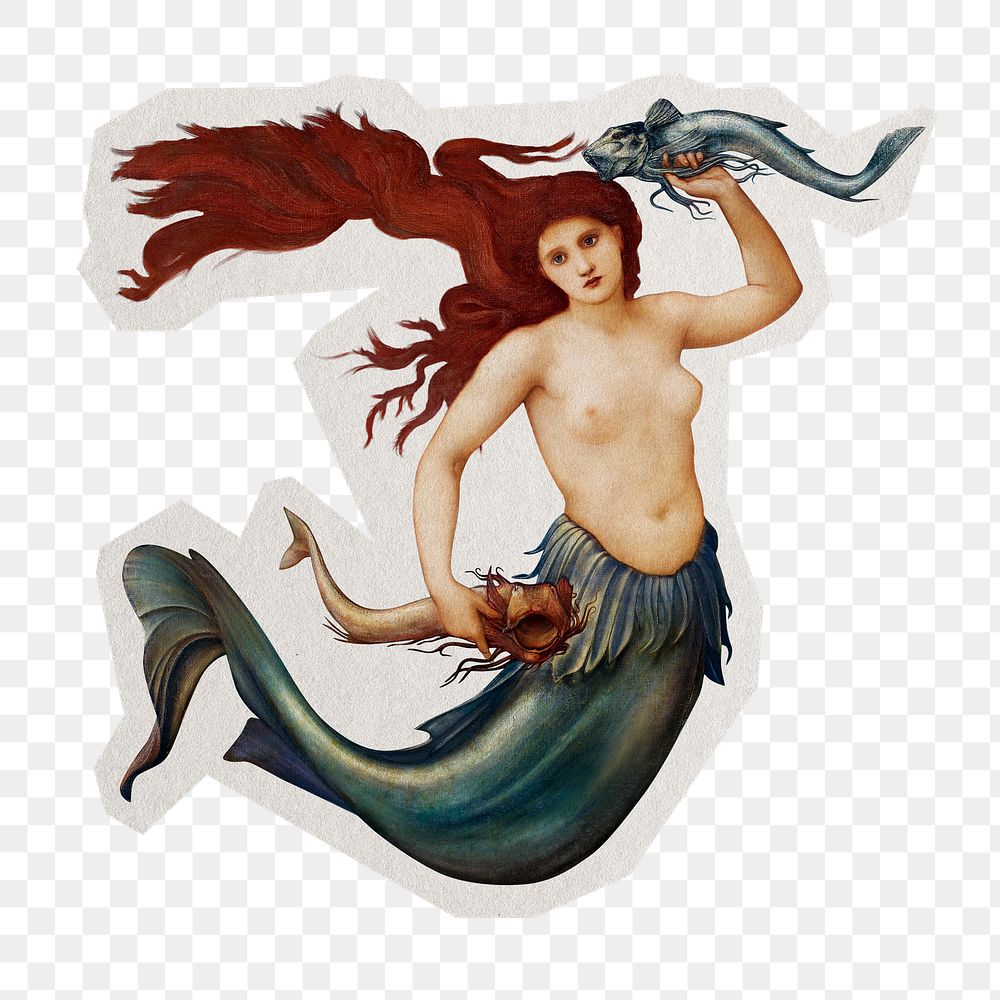 A Sea-Nymph png sticker, mythical creature on transparent background by Sir Edward Burne–Jones, remixed by rawpixel.