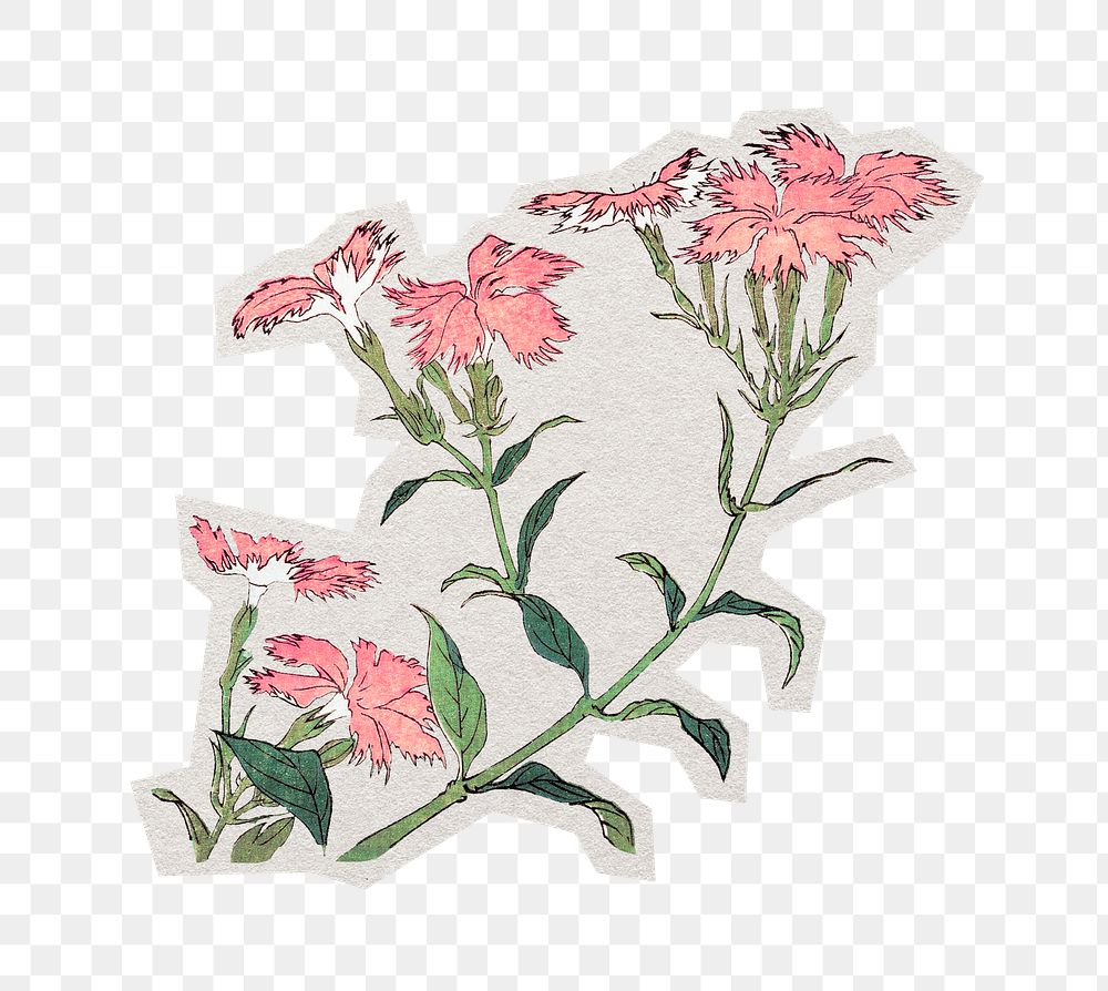 Hokusai’s pink flowers png sticker paper cut on transparent background. Remixed by rawpixel.