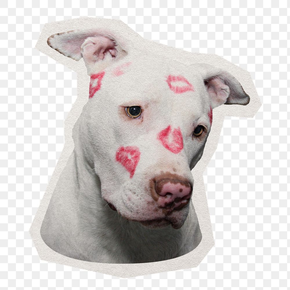 Png dog with lipstick kisses sticker, paper cut on transparent background