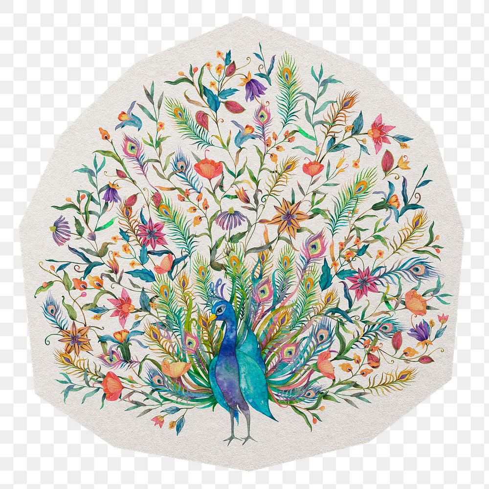 Peacock png in watercolor sticker, paper cut on transparent background