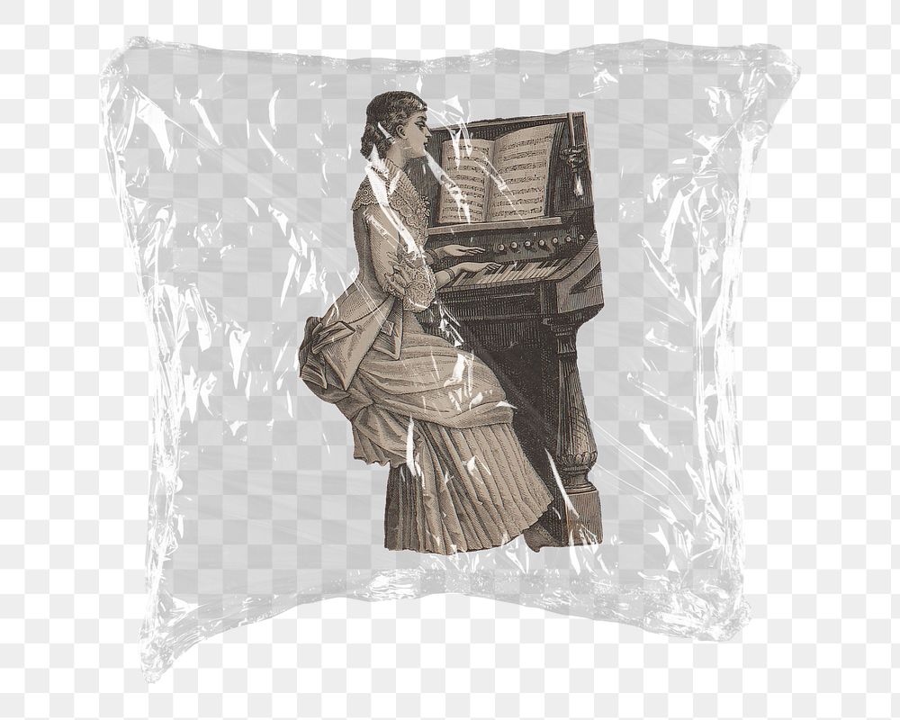 Woman png playing piano  sticker, plastic wrap transparent background. Remixed by rawpixel.