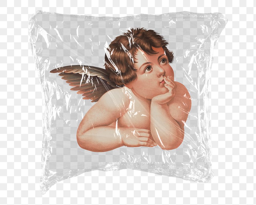 Cherub cupid png sticker, Raphael's artwork in plastic wrap transparent background. Remixed by rawpixel.