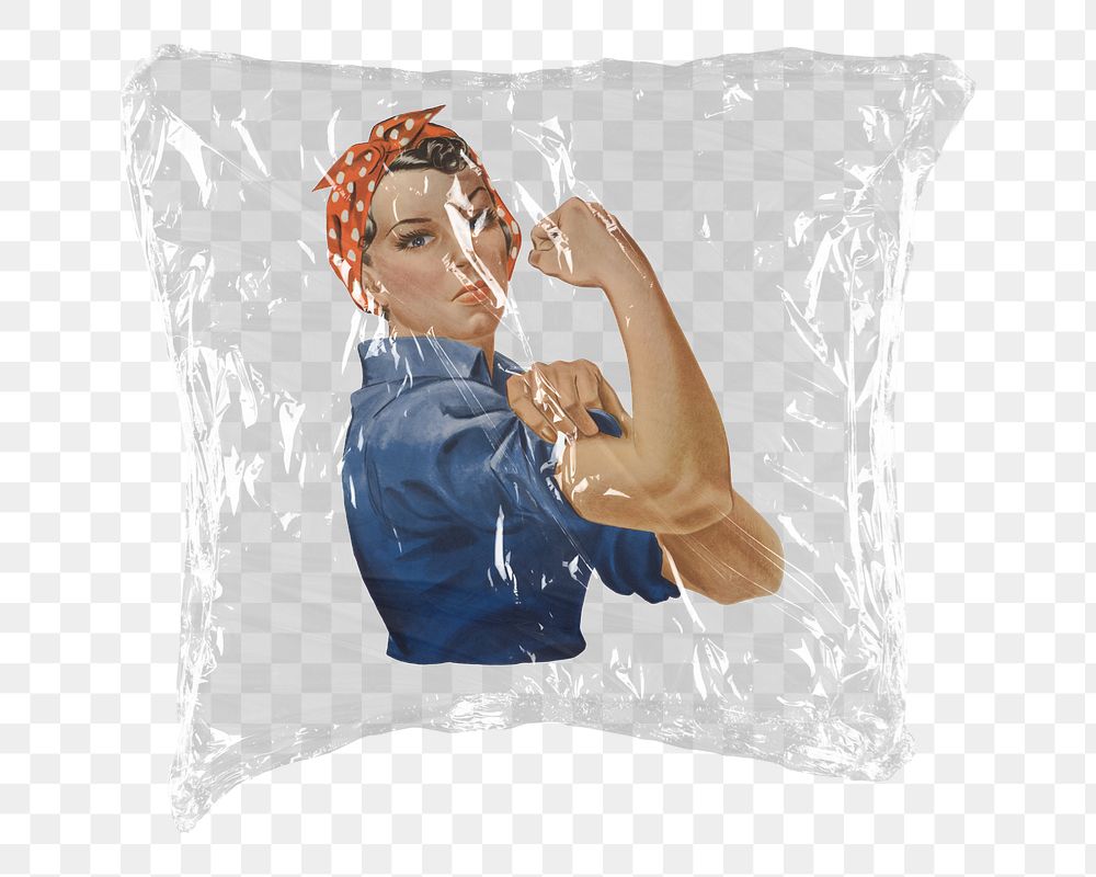 Girl power png sticker, J. Howard Miller's artwork plastic wrap transparent background. Remixed by rawpixel.