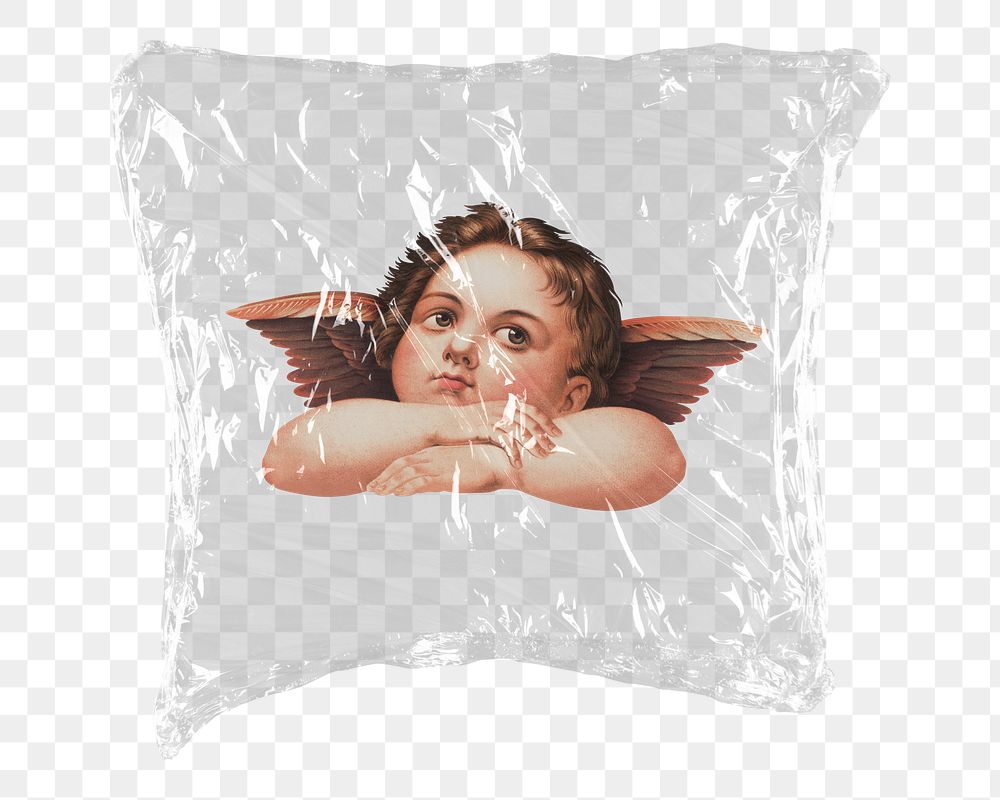 Cherub png sticker, Raphael's artwork in plastic wrap transparent background. Remixed by rawpixel.