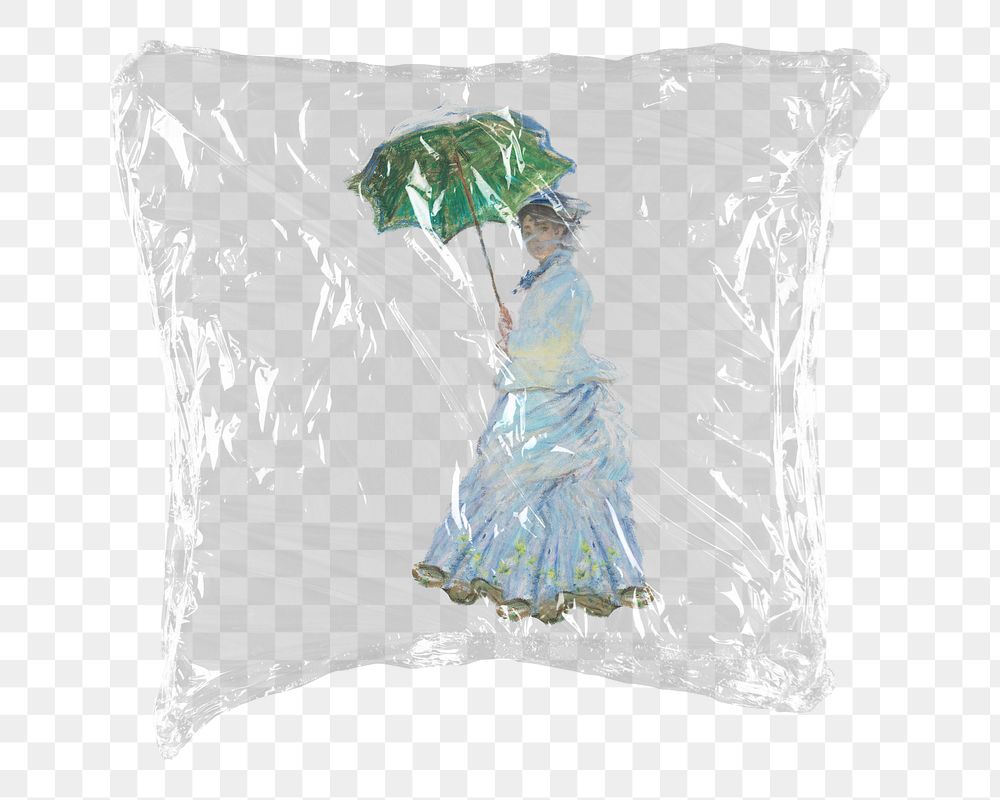 Woman with umbrella png sticker, Claude Monet's artwork in plastic wrap transparent background. Remixed by rawpixel.