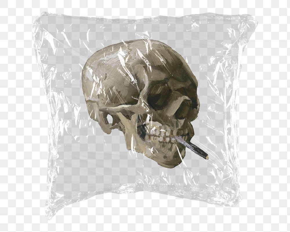 Png Van Gogh's smoking skull sticker, plastic wrap transparent background. Remixed by rawpixel.