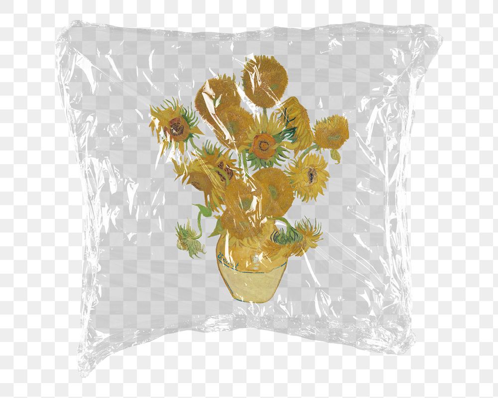 Van Gogh&rsquo;s Sunflowers png sticker, plastic wrap transparent background. Remixed by rawpixel.