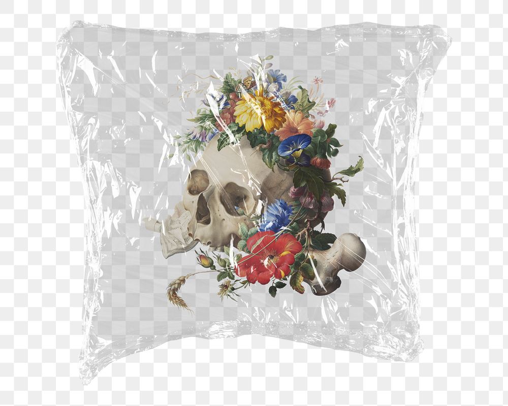 Png Vanitas floral skull sticker, Jan van Kessel's artwork in plastic wrap transparent background. Remixed by rawpixel.