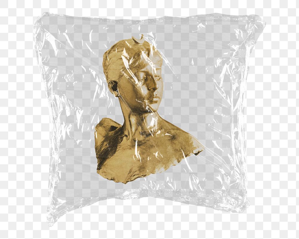 Gold woman sculpture png sticker, plastic wrap transparent background. Remixed by rawpixel.