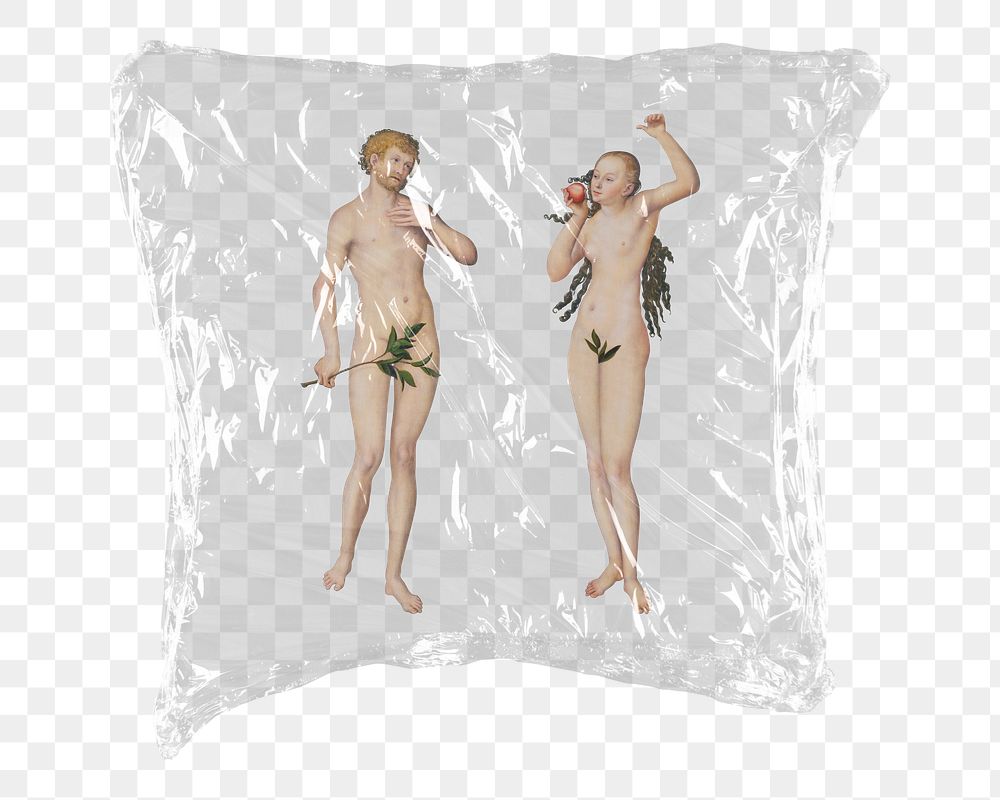 Adam and Eve png sticker, Lucas Cranach the Elder'a artwork in plastic wrap transparent background. Remixed by rawpixel.