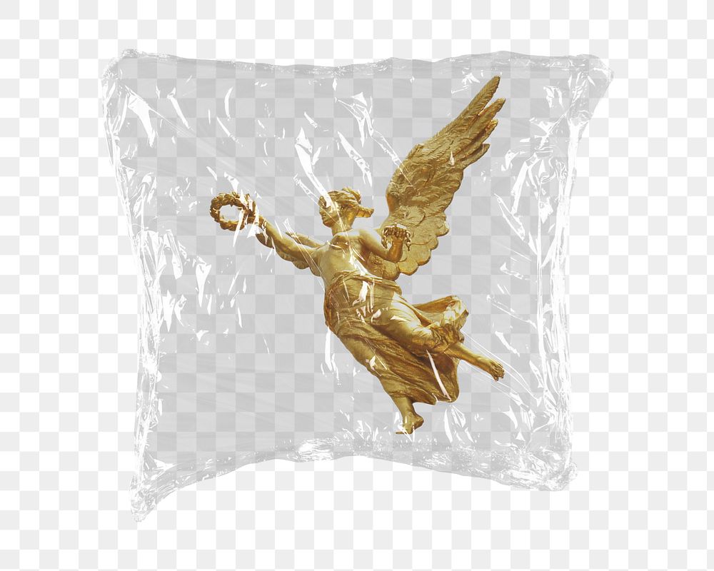 Png goddess of Fama statue sticker, plastic wrap transparent background. Remixed by rawpixel.