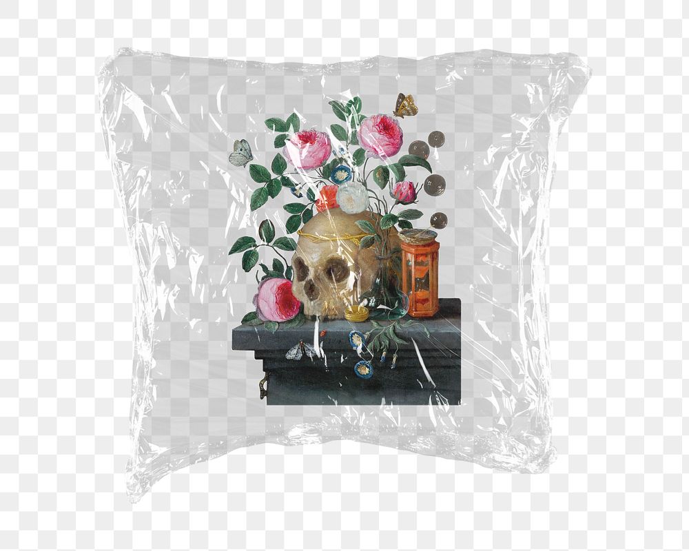 Vanitas png skull still life sticker, Jan van Kessel's artwork in plastic wrap transparent background. Remixed by rawpixel.