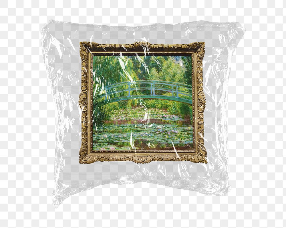 Framed Monet&rsquo;s bridge png sticker, plastic wrap transparent background. Remixed by rawpixel.