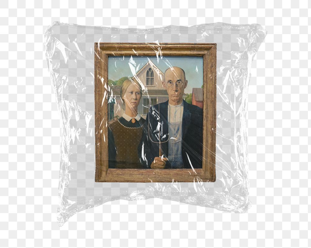 Framed American Gothic png sticker, Grant Wood's artwork in plastic wrap transparent background. Remixed by rawpixel.