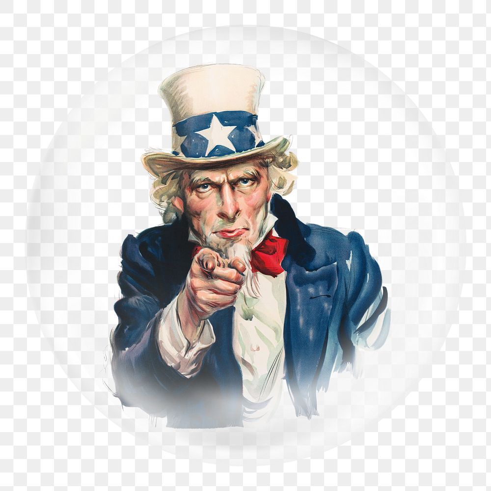 Uncle sam png sticker, James Montgomery Flagg's artwork in bubble transparent background. Remixed by rawpixel.