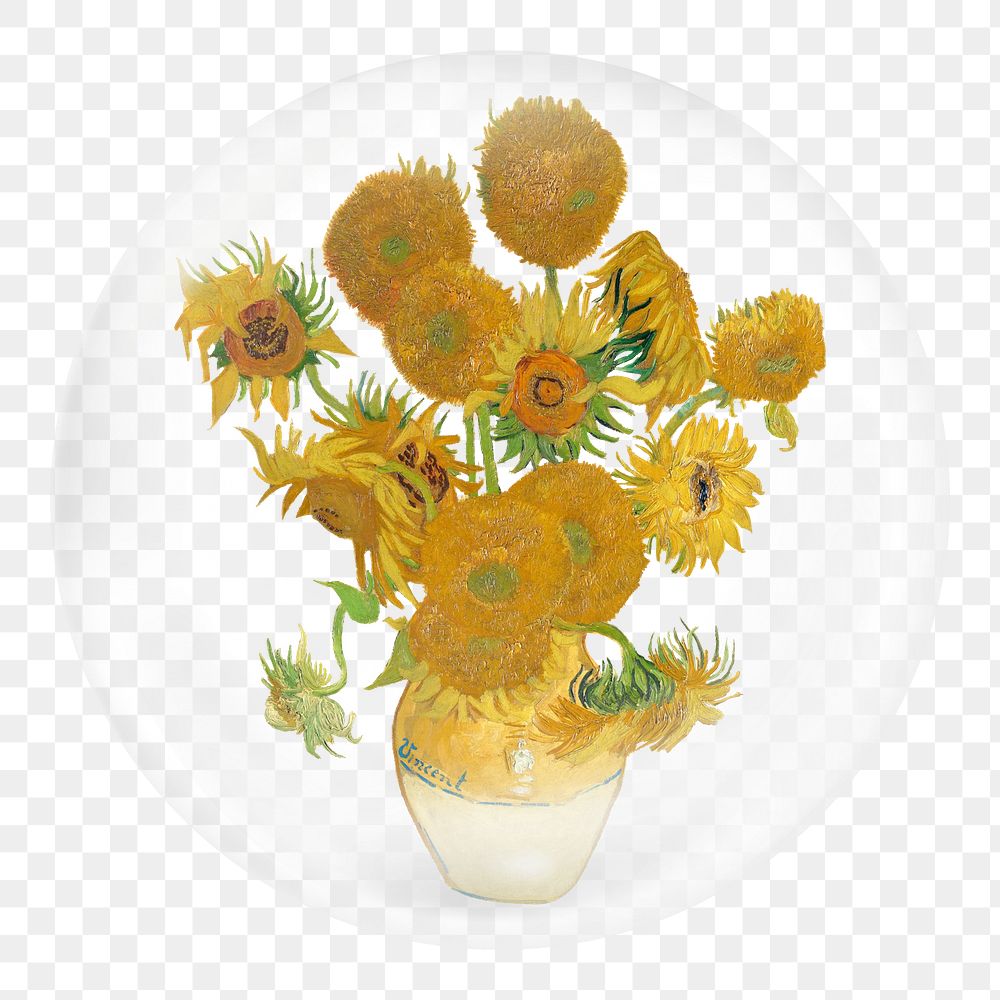 Van Gogh&rsquo;s Sunflowers png sticker, bubble design transparent background. Remixed by rawpixel.