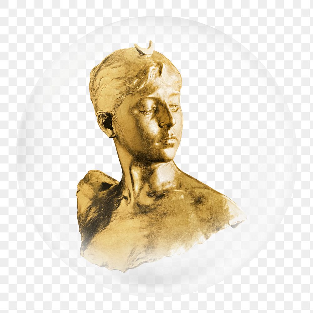 Gold woman sculpture png sticker, bubble design transparent background. Remixed by rawpixel.