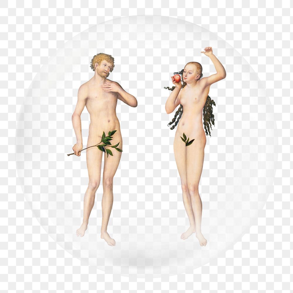 Adam and Eve png sticker, Lucas Cranach the Elder'a artwork in bubble transparent background. Remixed by rawpixel.